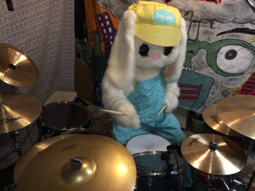 brothers KIME recording session with Easter Bunny mascot on drums