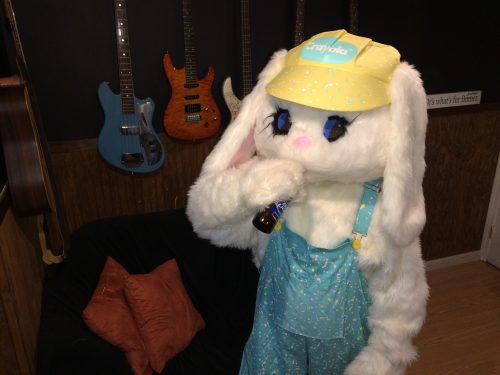 brothers KIME studio break with Easter Bunny mascot drinking beers