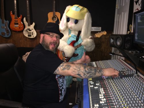 brothers KIME jamming guitar in studio with Easter Bunny mascot