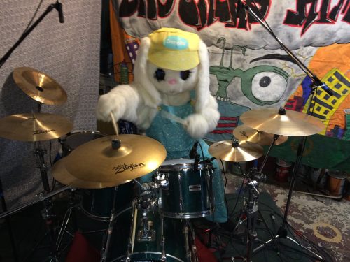 brothers KIME recording in studio with Wes Kime on drums and Easter Bunny mascot