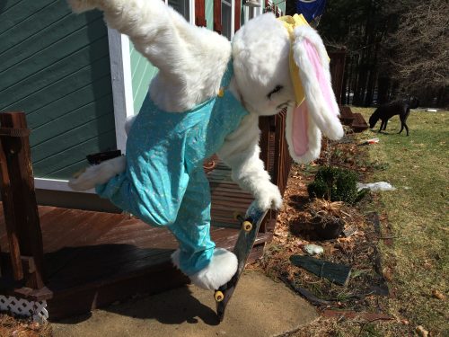 Easter Bunny mascot skateboarding during brothers KIME studio break