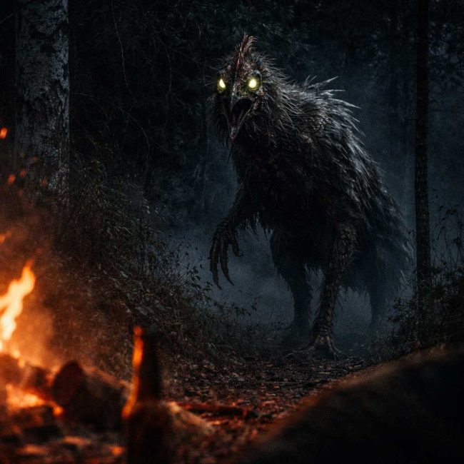 grizzle chicken know as the Salv Rin species female stalks kids partying in the woods